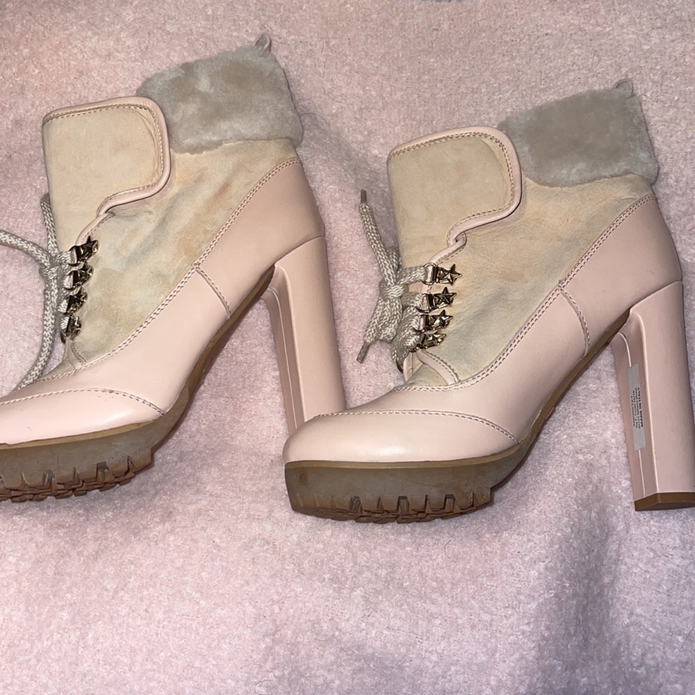 RED VALENTINO Nude Lace Up with Fur Leather Heels Boots/Booties - Picture 8 of 12